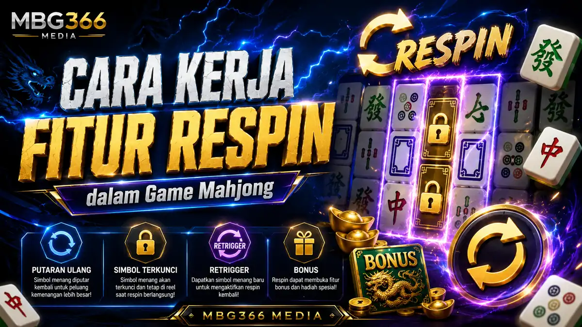 Cara kerja fitur Respin dengan simbol terkunci dan penghitung putaran game Mahjon