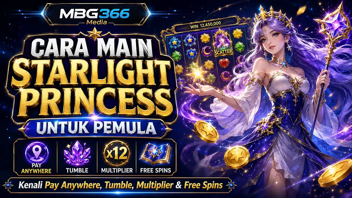 Ilustrasi cara main Starlight Princess untuk pemula dengan karakter putri, multiplier, dan simbol Scatter