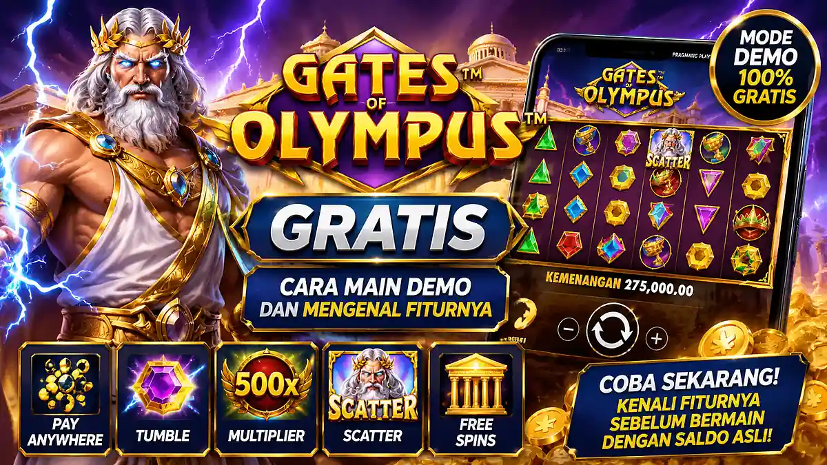 Ilustrasi Gates of Olympus gratis dengan Zeus, mode demo, multiplier, dan simbol permainan